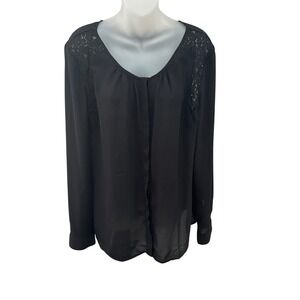 Worthington Black Long Sleeve Lace Shoulder Detail V Neck Blouse Top Women XL